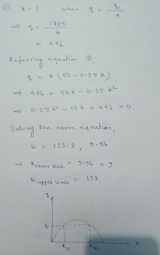 K = ? when q qc 2 4 1785 4 446 equation © Referring q k (50-0-35k - 446 = 50k-0.35 k² = 0.35K² - 50k + 446 solving the above