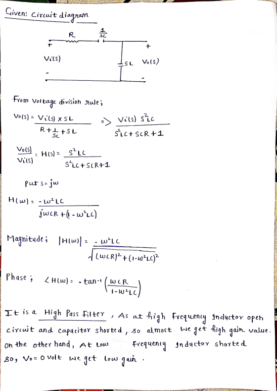 Given: Circuit diagram R SC + Vils) ESL Vols) From Voltage division rule; Vo(s) - Vils) X SL R+I+SL Sc => vils) szc ALL: suc+
