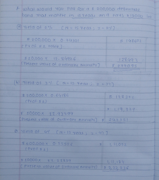+ what would you pay for a $ 200,000 debentwe bond that mature in 15 years and pays $10000 int. @ Yield of 2% (N=isyeas; I -