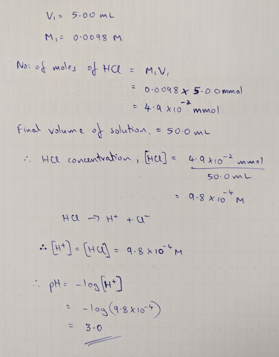 Vi= 5.00 mL M, = 0.0098 M No. of moles of HR = MV, 0.0098 x 5.0 ommol - 4.9x10 mmol. Final volume of solution, = soome : Hel