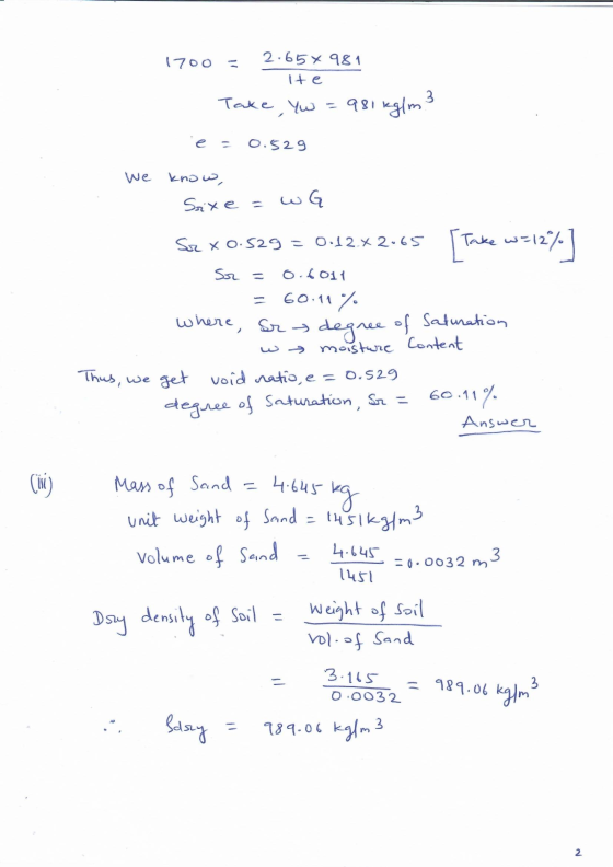 1700 2.65% 981 Ite 3 Take, yw = 981 kg/m 0.529 we know, Srixe = G دیا See x0.529 = 0.12.x2.65 [Take w=12% Sor = where, Srd 0.
