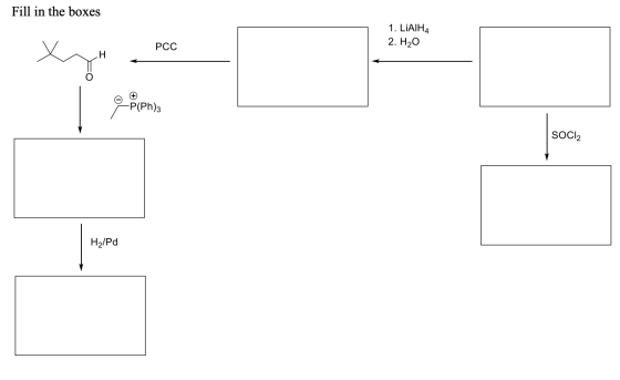 Fill in the boxes 1. LiAIH4 2. H20 PCC -P(Ph). SOCI2 H2/Pd