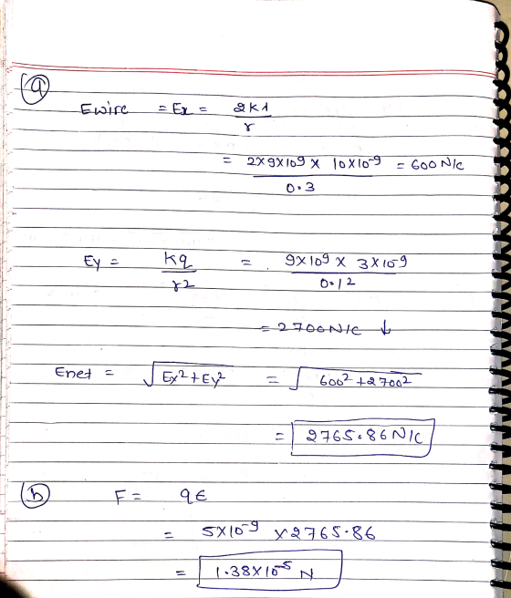 © Ewire = Els gk 1 = 2x9x109 % 10X10-9 = GOONI 003 - kq 9x 109 x 3X109 0012 - 2FOENICA Enet n ✓ Ex2 + Ey? 6002 +27002 2765086