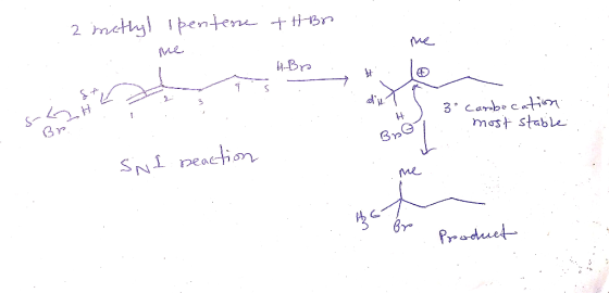 2 methyl Ipentene +HBA - the Bro di . 3° Cambocation .. most stable Br 3G Sul Deaction ite Product