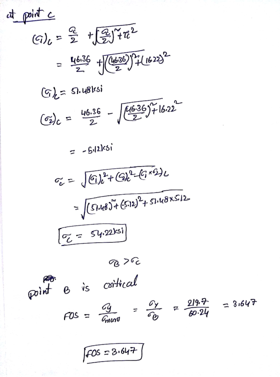 at point c Cc ) = 46136 +(3742 +(6320716.3212 Gc= 51.48ksi z ac 46,36 - 46369716:22 = -51/21csi cc = JG): +47-6*2276 1651.285