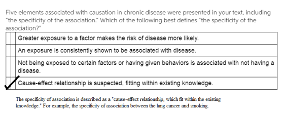 Five elements associated with causation in chronic disease were presented in your text, including the specificity of the ass