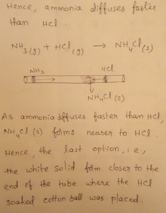 Hence, ammonia diffuses fasley tham Hcl NH.C + HC 3 (3) 4 ( 9) NH3 > NH C(S) As ammonia diffuses faster tham Hc NC () tms nea
