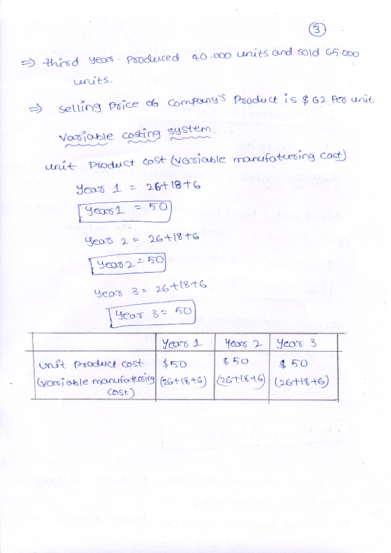 - 40.000 units and sold 65.000 third year. Produced enits. as selling price of companys Product is $62 per unit. variable co