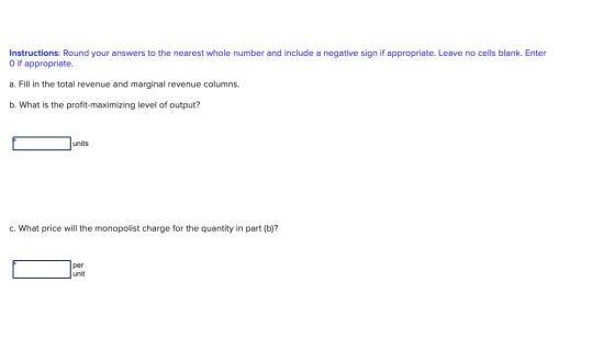 Instructions: Round your answers to the nearest whole number and include a negative sign if appropriate. Leave no cells blank