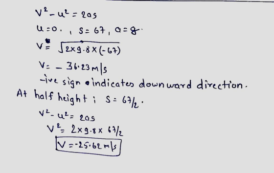 v²_u² - has u:0 S: 67,98 . 1 - 2x9.8 x (-67) V: - 36:23 mis Live sign indicates downward direction. At half height is = 67/2