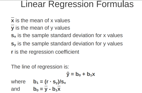 Linear Regression Formulas x is the mean of x values y is the mean of y values Sx is the sample standard deviation for x values Sy is the sample standard deviation for y values r is the regression coefficient The line of regression is where bi(r Sy)lsx and bo y - bix