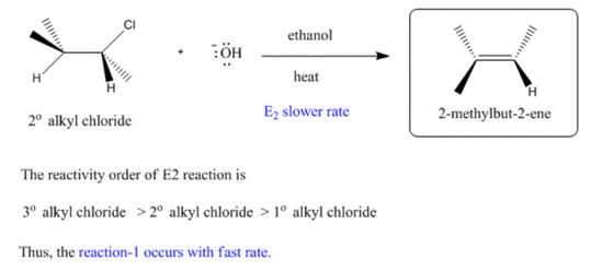 CI ethanol : OH heat E2 slower rate 2-methylbut-2-ene 20 alkyl chloride The reactivity order of E2 reaction is 3° alkyl chlor
