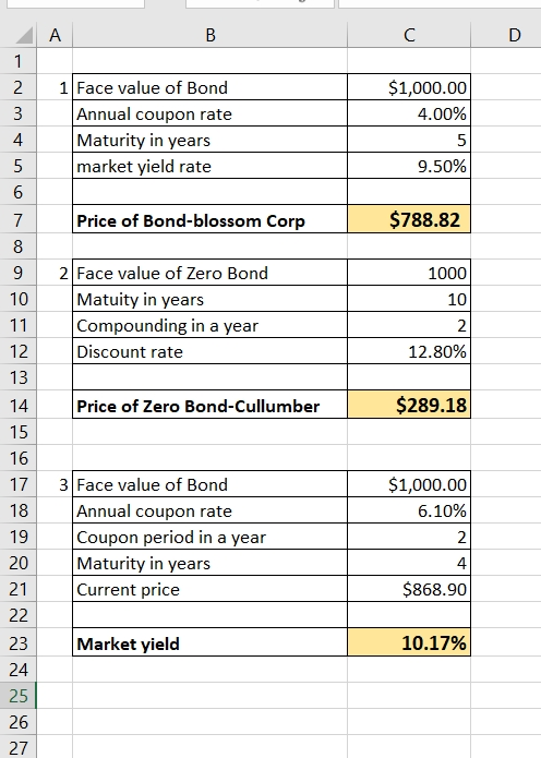 $1,000.00 4.00% 1 Face value of Bond Annual coupon rate Maturity in years market yield rate 9.50% Price of Bond-blossom Corp