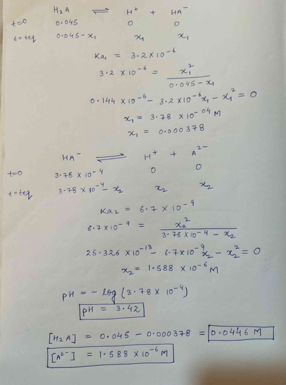 H₂ A - H + HA tzo 0.045 0-045-x, t= teq Kai = 3.2x10-6 3.2 x 10-6 = x 00045-x- 0.144 X10-6_ 3.2x10-60- x = 0 x, = 3.78 x 10-0