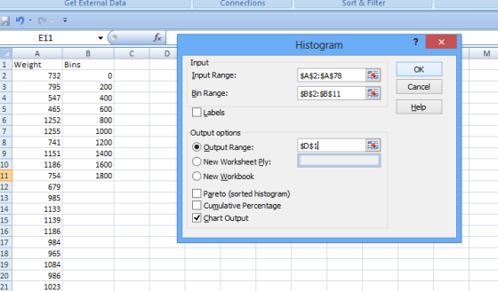 Get External Data Connections Sort & Filter Histogram 1 Weight Bins $A$2:$A$78 Cancel 7 SB$2:$B$11 Help SDS피 1 O New Worksheet Ply: Pareto (sorted histogram) Cumulative Percentage Chart Output