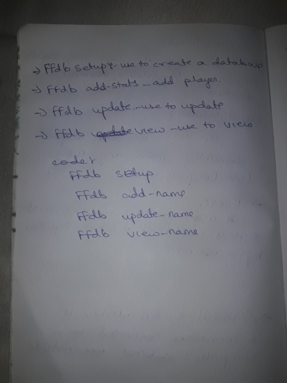 - FF db setups use to create a databau J ffdb add-stats - add player. - fflb update use to update ffdb date view use to view