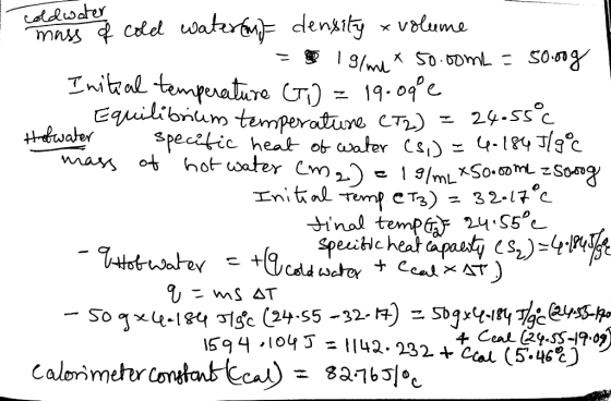 coldwater mass of cold water and density & volume = 19/me* 50.00mL = 50.000 Initial temperature (T) = 19.09e - Equilibrium te