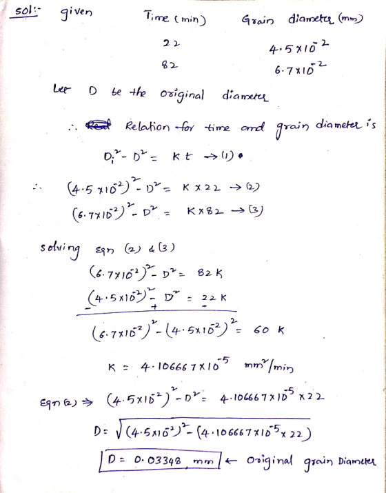 sol: given Time (min) Grain diameter (mm) 22 4.58102 82 - 6.78102 let D be the original diamers ii Real Relation for time and
