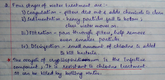 Four stages of water treatment are: - h :) Coagulation - filters diet out & adds chemicals to clean. ii) sedimentation - heav