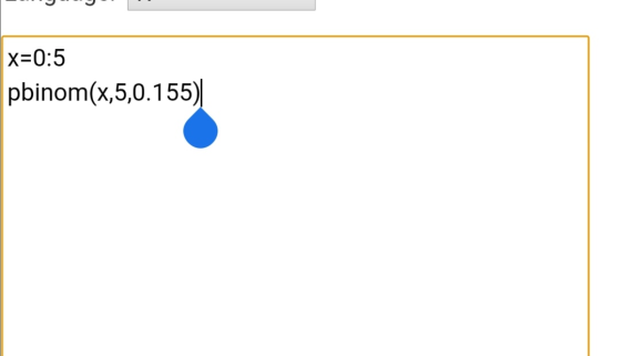 x=0:5 pbinom(x,5,0.155)