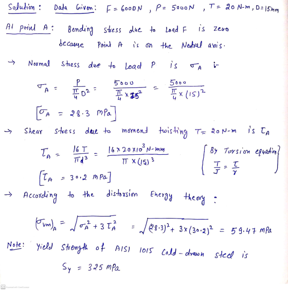 solution : Data Given: F = 600DN P= 5000N T= 20 N-m, D=15mm - ) At point A: stress due to Load E is zero Bending because Poin