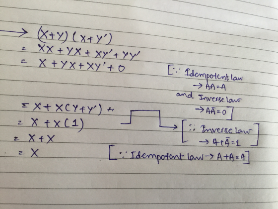 [ Idempotent law → X+Y)(x+y) a XX + Y x + xy + y yl 2 X + Y X+Xy+o AA A and Inverse law IX+XCYEY) + AĀzo7 2 X + X (1) i Inve