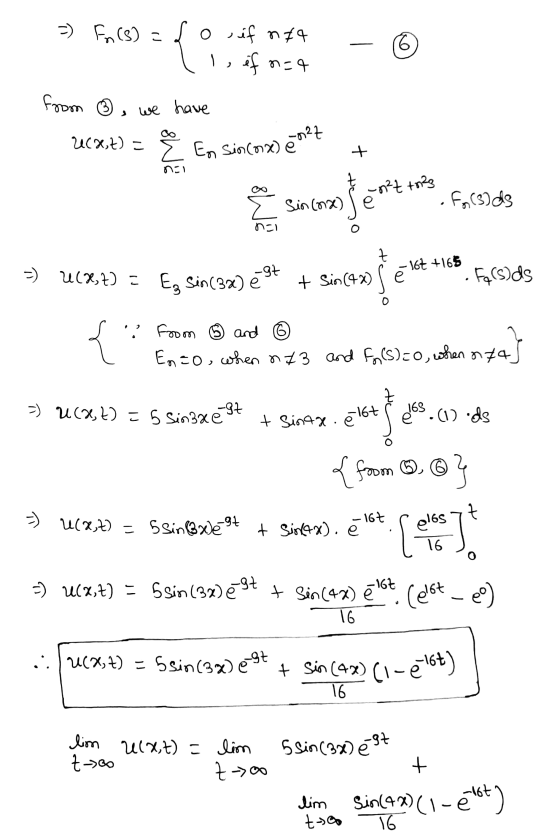=) Fn (s) = Lo if n74 l, if n=4 from ③ we have + Ucxx) = Ñ En Sincome est Sin conx) S いい -n²z toeg . F. (3) ds nel z -97 5) U