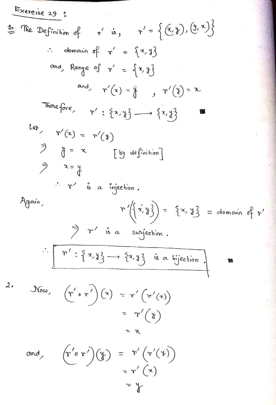 Exercise 29 : 1. The Definition of u is, m = {Q.4), 8,4)} domain of r = {x,y} and, Range of r = {x,y} and, r(x) = y , n (%)