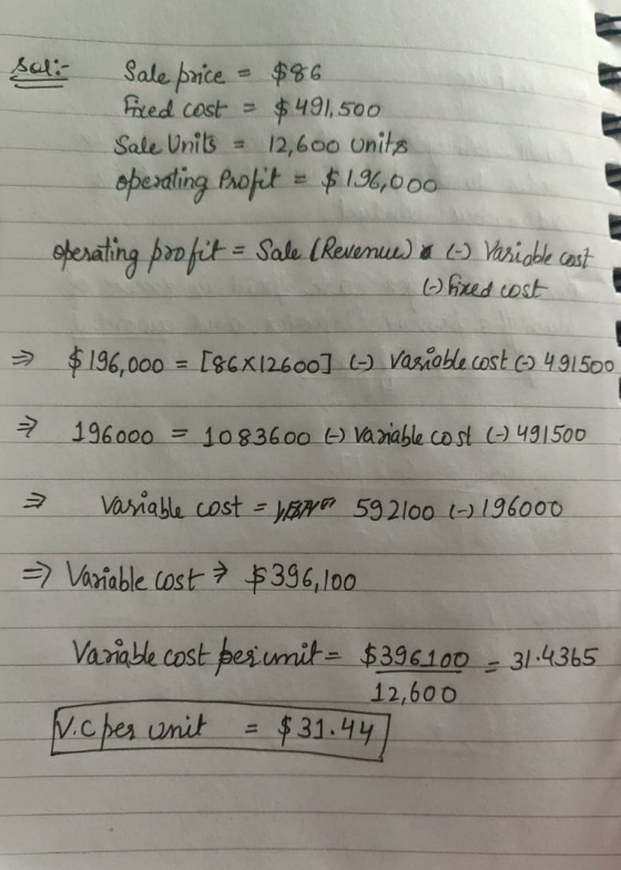 Sale price Pred cost $86 $491,500 12,600 units $196,000 Sale Units opertling Phopit oferating pia fit = Sale (Revenu) a side