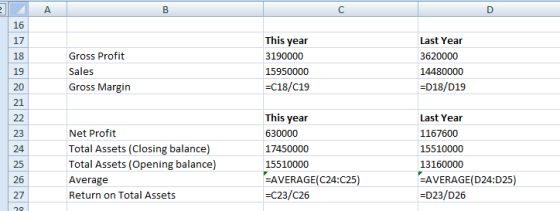 Α. B Gross Profit Sales Gross Margin This year 3190000 15950000 =C18/C19 Last Year 3620000 14480000 =D18/D19 Net Profit Total