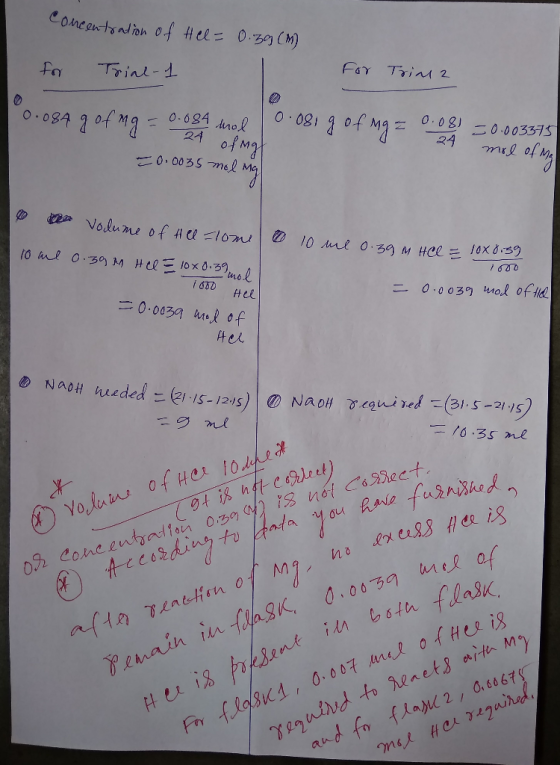 concentration of Hel= 0.39 (M) for Trial-1 For Trim 2 0.084 g of mg = 0.084 mol 0.081 g of Mg = 0.08) = 0.003375 24 of mal mo