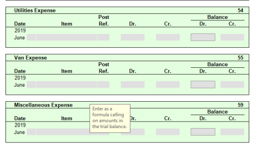 Utilities Expense 54 Post Balance Date Item Ref. Dr. Cr. Dr. Cr. 2019 June Van Expense 55 Post Balance Date Item Ref. Dr. Cr.