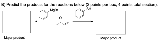 B) Predict the products for the reactions below (2 points per box, 4 points total section). MgBr SH Major product Major produ