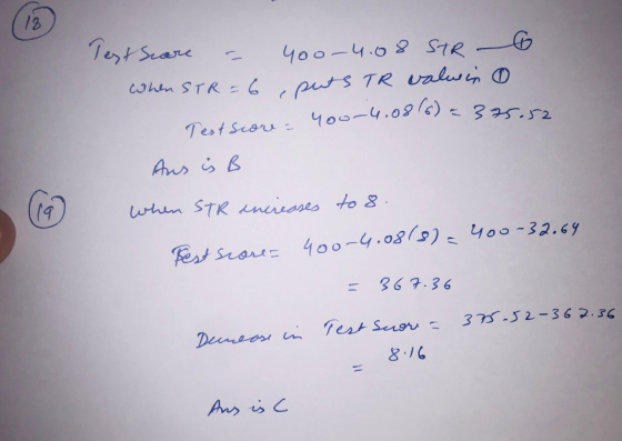 18) Test score = 400-4.08 STR 6 When STR = 6, puts TR valwin 0 Test score = your4.08/6)= 375.se Aus is when STR ancreases to