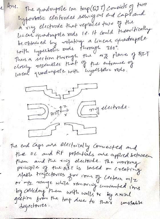 e. Ans. The quadrupole ion trap (QIT) consists of too hyperbolic electrodes serving as and caps and a ring electrode that rep