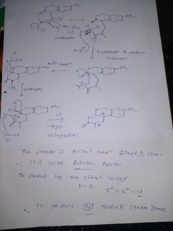 IN C . GOH protonaten la H- helt Deprchnaton to produce Carbanron Nul addn -Nor probrator -H20 Dehydration OH Alded The react