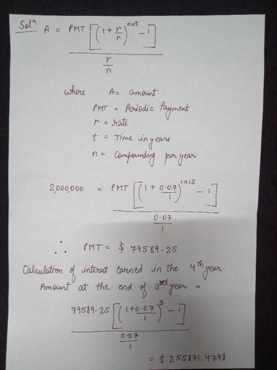 San A = PHT | ( 1+ + - where amount A PMT = Periodic Payment r=rate t = Time in years n= compounding per year 2.000.000 - PMT