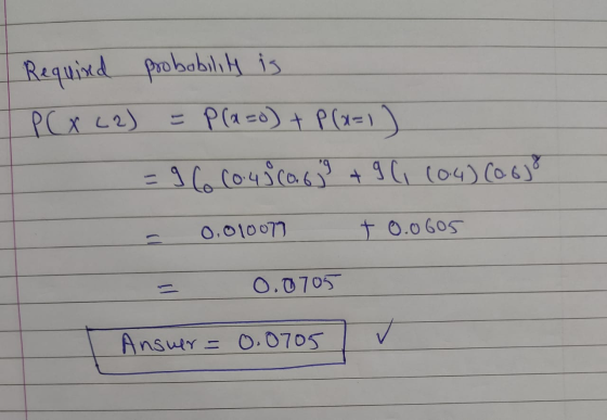Required probability is P(x (2) = plazo) + P(x-1) = 96 couscas + 9 (104) (06) 0.010077 + 0.0605 0.0705 Answer=0.0705 ✓
