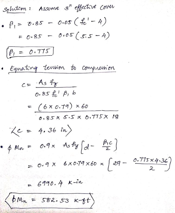 Solution : Assumve 3 effective cover Pi = 0.85 0.05 (fe - A) - 0.05 ( 515 - A) IB, 0.775 0.85 Equating tension to compressi
