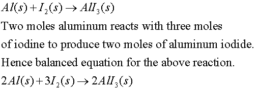 Al(s) +I2(s) ->AlI,(s) Two moles aluminum reacts with three moles of iodine to produce two moles of aluminum iodide. Hence ba