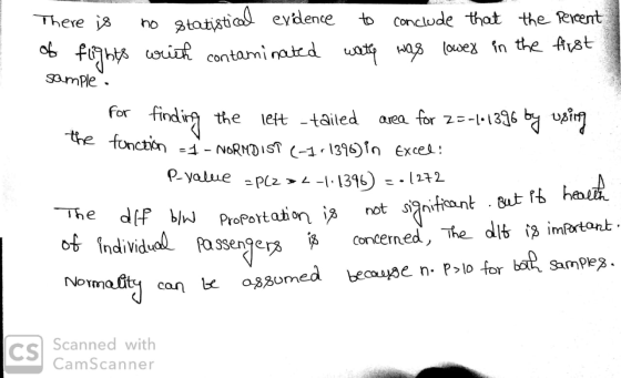There is no statistical evidence to conclude that the percent of flights with contaminated wath was lowed in the first sample