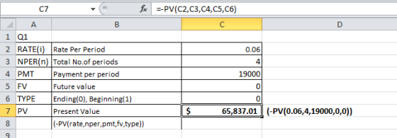 fPV(C2,C3,C4,C5,C6) C7 A. C 1 Q1 2 RATE(i) Rate Per Period 0.06 3 NPER(n) Total No.of periods Payment per period 4 4 PMT 1900