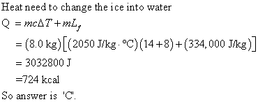Heat need to change the ice into water (80 kg) [(2050 J/kg. °) (14+8)+(334,000 Jkg) 3032800J =724 kcal So answer is C