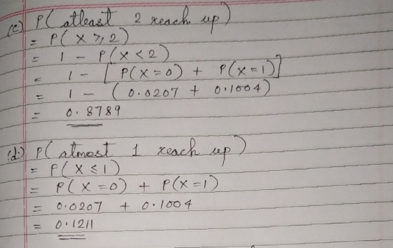 (e) PC atleast 2 reach up) 1 - P(x < 2 [ P(x = 0+ P(x=0 (0.0207 + 0.1004) - 0.8789 11 (d) p (almost 1 reach eep P ( x 41) P(x