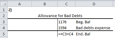 A B с D 1 2) 2 2. 3 Allowance for Bad Debts 1176 Beg. Bal 1594 Bad debts expense =+C3+C4 End. Bal 4 5