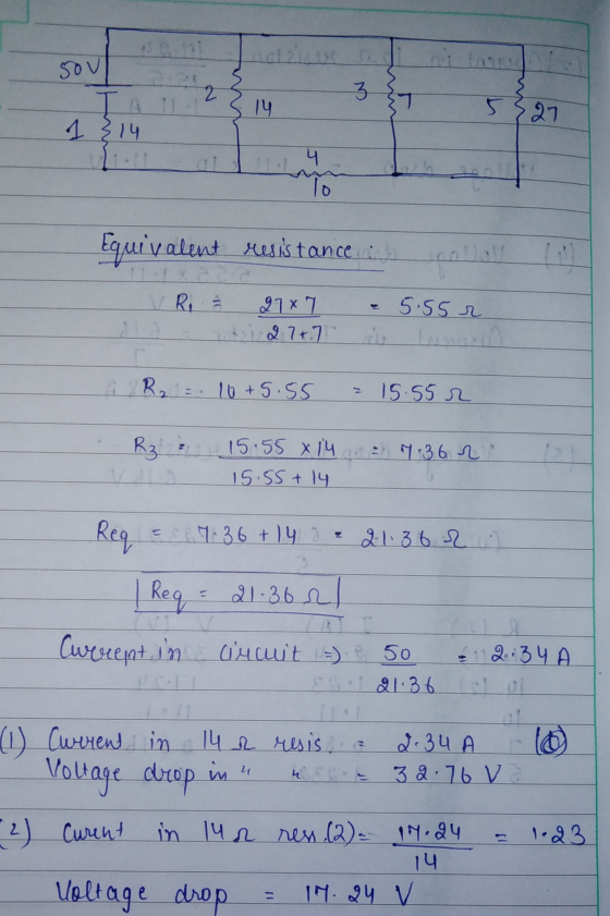sou 2 3 14 5 27 1 314 4 To Equivalent resistance VR 5.55 r 27x7 27+7 AR2 = 10 +5.55 15.55 r R32 15.55 X 14 15.55+ 14 4:36 Req
