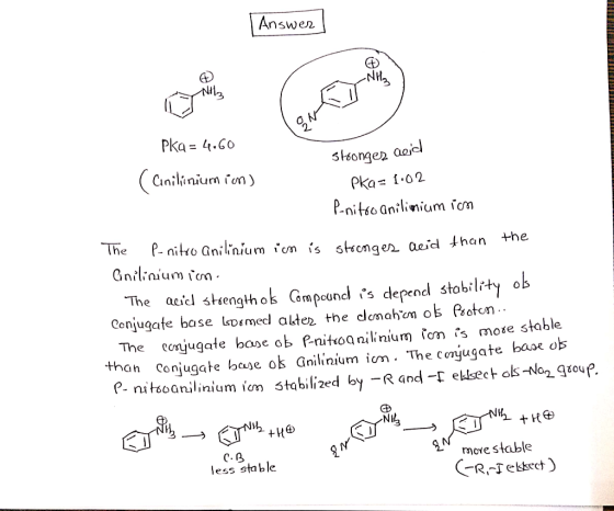 | Answer I stronger and Pka = 4.60 ( aniliniumion) Pka = 1:02 Pnitro anilimium ico The P-nitro anilinium im is stronges neid