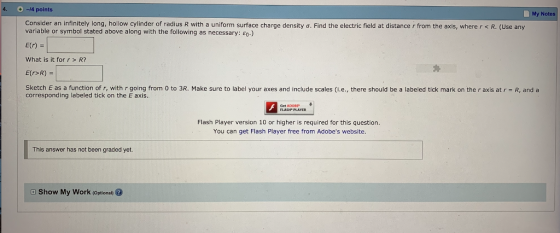 4. -14 points My Notes Consider an infinitely long, hollow cylinder of radius R with a uniform surface charge density σ. Find the electric field at distance r from the axis, where r < R. (Use any variable or symbol stated above along with the following as necessary: E0) E(r) - What is it for r> R? E(r>R) Sketch E as a function of r, with r going from 0 to 3R. Make sure to label your axes and include scales (i.e., there should be a labeled tick mark on the r axis atr - R, and a corresponding labeled tick on the E axis. Get ADOBE Flash Player version 10 or higher is required for this question. You can get Flash Player free from Adobes website. This answer has not been graded yet a Show My Work (Optional)