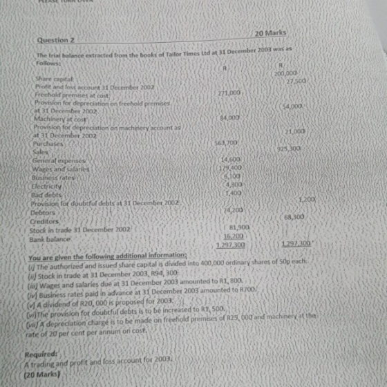Question 2 20 Marks 100 the trial balance extracted from the books of Tailor Times Lid at 31 December 2003 was as Follows: 20