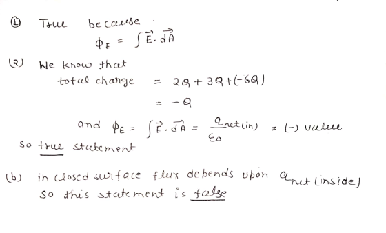 Toue be cause ФЕ (२) We know that totel charge 29+39+(-69) Iret cin) and PE = Se.JA = clin) (-) vulue so true stcetement in c